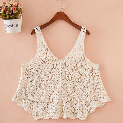 Women Sleeveless Tank Top Crochet Boho Camisole Summer Cover Up Vest Shirt Leaf A Line