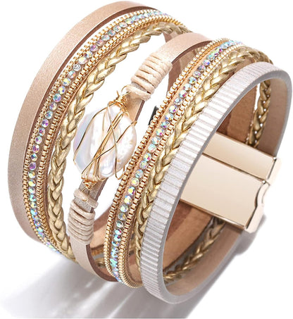 Women Leather Wrap Bracelet Multi Layer Wristband Braided Cuff Bangle Bracelets Pearl Magnetic Closure