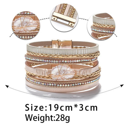 Women Leather Wrap Bracelet Multi Layer Wristband Braided Cuff Bangle Bracelets Pearl Magnetic Closure