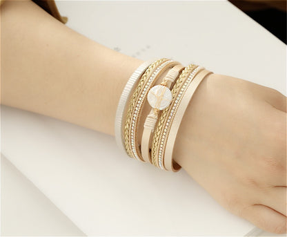 Women Leather Wrap Bracelet Multi Layer Wristband Braided Cuff Bangle Bracelets Pearl Magnetic Closure