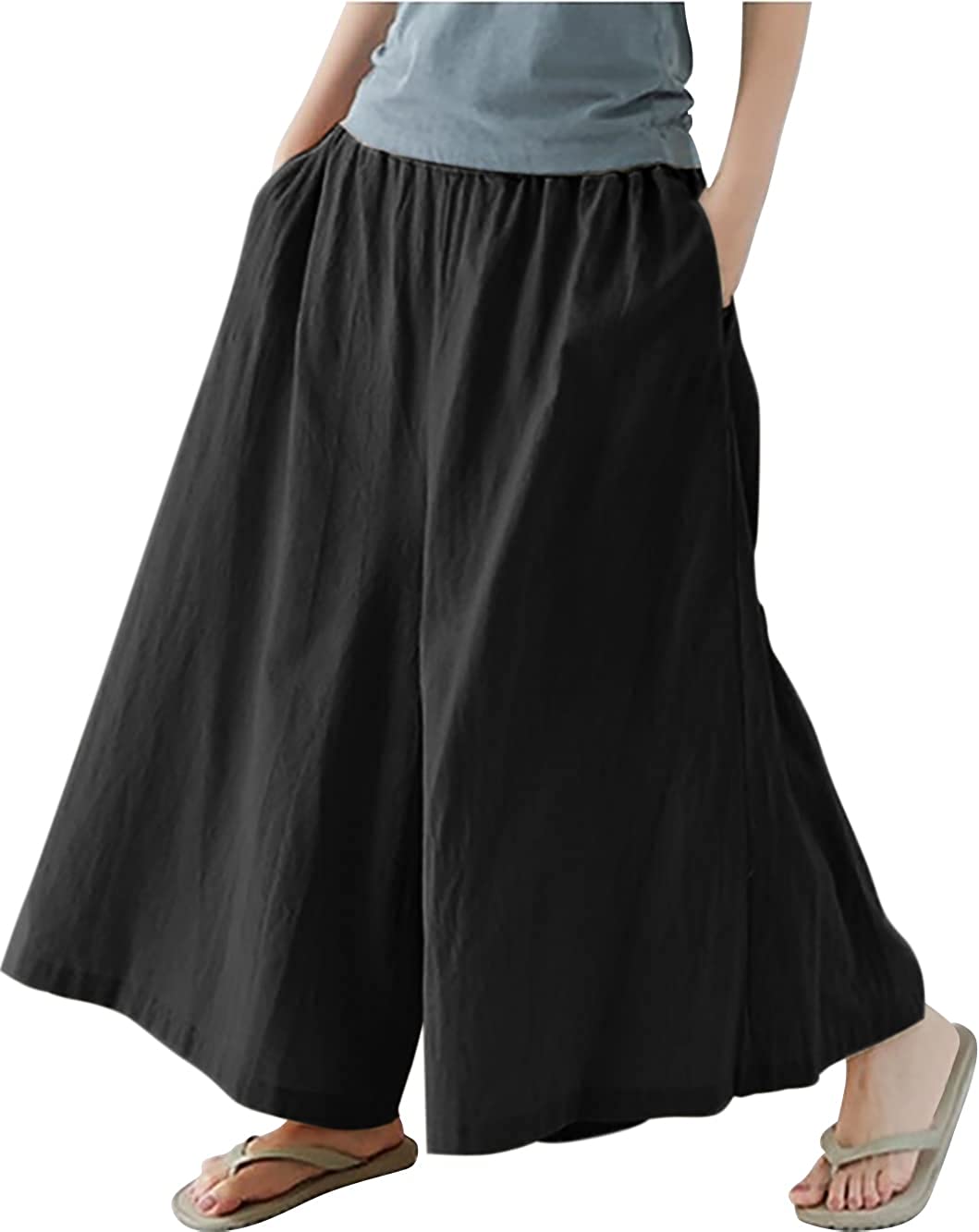 Women Pant Elastic Waist Cotton Linen Wide Leg Pants Loose Boho Style