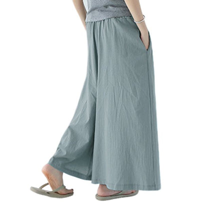 Women Pant Elastic Waist Cotton Linen Wide Leg Pants Loose Boho Style