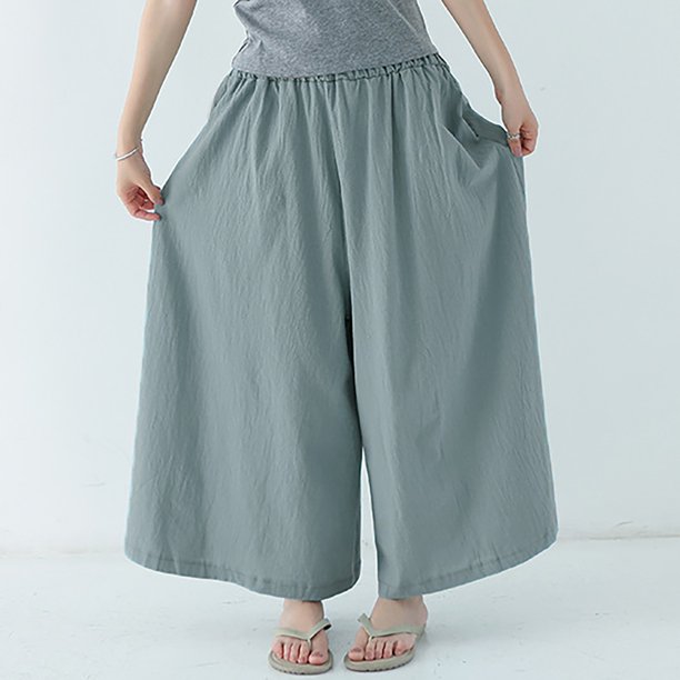 Women Pant Elastic Waist Cotton Linen Wide Leg Pants Loose Boho Style