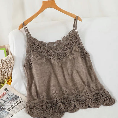 Women Sleeveless Tank Top Crochet Boho Camisole Crop Top Vintage Lace Trim