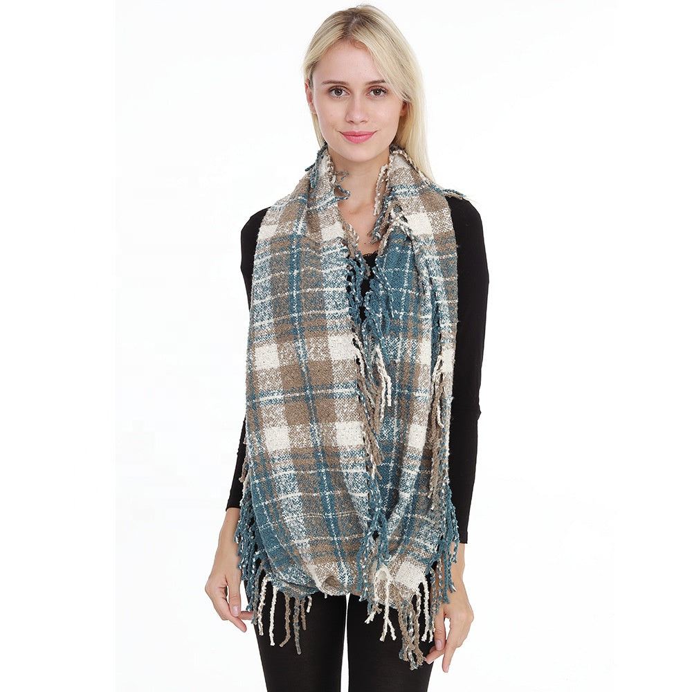 Womens Winter Plaid Infinity Scarf Warm Tassel Circle Loop Scarves for Women