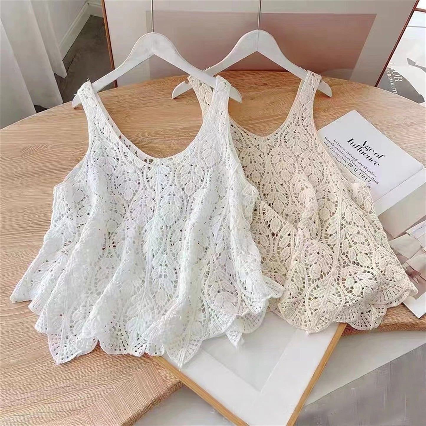 Women Sleeveless Tank Top Crochet Boho Camisole Summer Cover Up Vest Shirt Leaf A Line