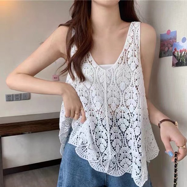 Women Sleeveless Tank Top Crochet Boho Camisole Summer Cover Up Vest Shirt Leaf A Line