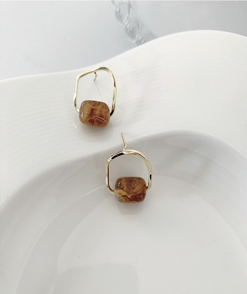 Vintage Resin Stud Earrings Geometric Imitation Natural Stone Gold Plated