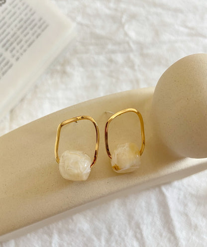 Vintage Resin Stud Earrings Geometric Imitation Natural Stone Gold Plated