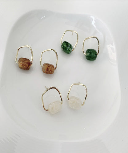 Vintage Resin Stud Earrings Geometric Imitation Natural Stone Gold Plated