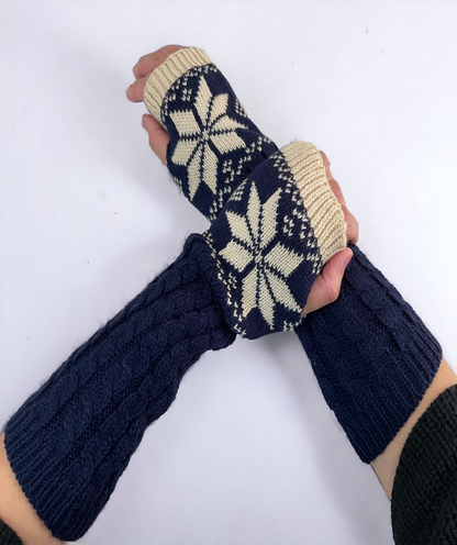 Fingerless Gloves Women Winter Knit Arm Warmers Long Snowflake