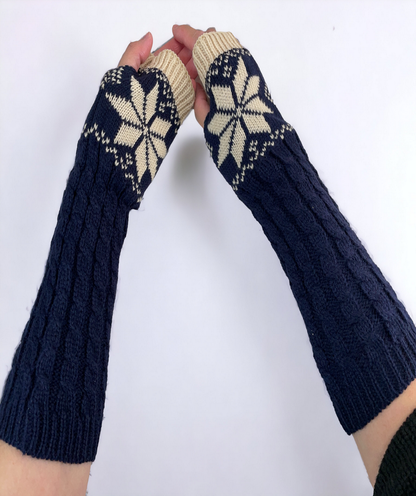 Fingerless Gloves Women Winter Knit Arm Warmers Long Snowflake