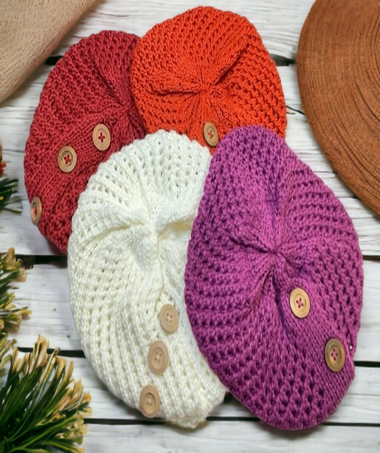 Women Winter Warm Crochet Knit Beanie Beret Slouchy Hat Cap With Wood Button Design