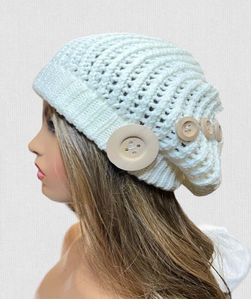 Women Winter Warm Crochet Knit Beanie Beret Slouchy Hat Cap With Wood Button Design