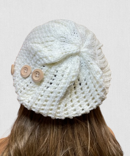 Women Winter Warm Crochet Knit Beanie Beret Slouchy Hat Cap With Wood Button Design