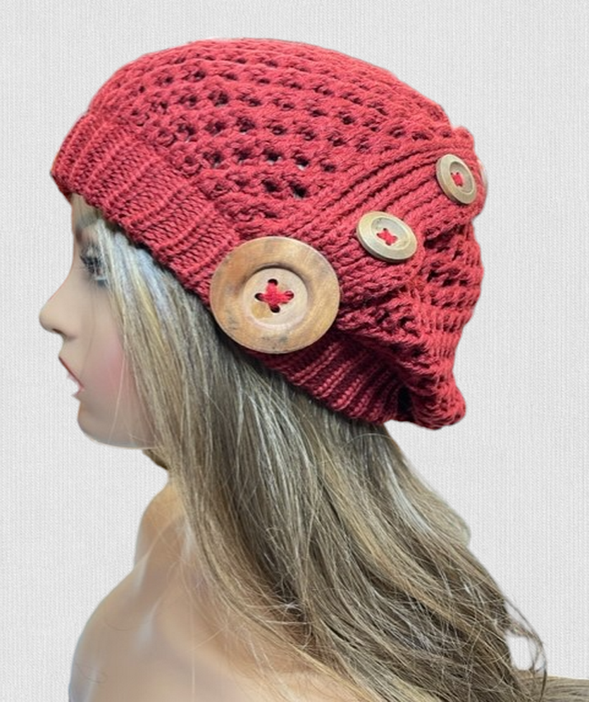 Women Winter Warm Crochet Knit Beanie Beret Slouchy Hat Cap With Wood Button Design