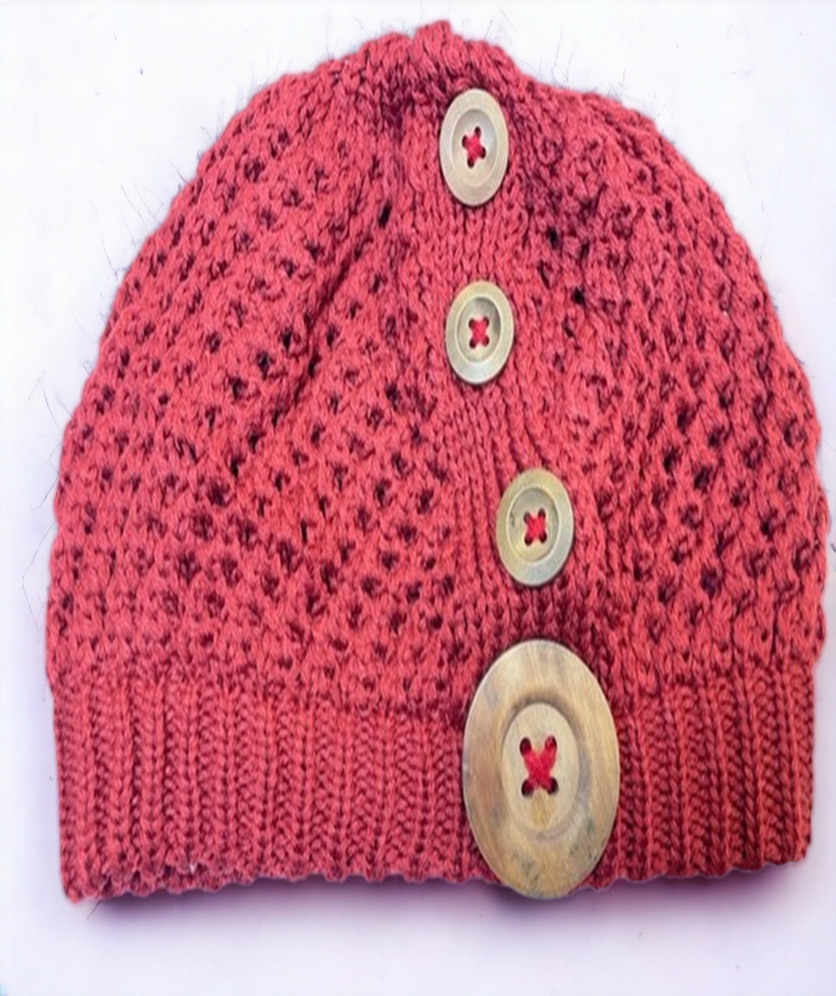 Women Winter Warm Crochet Knit Beanie Beret Slouchy Hat Cap With Wood Button Design