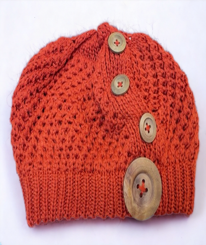 Women Winter Warm Crochet Knit Beanie Beret Slouchy Hat Cap With Wood Button Design