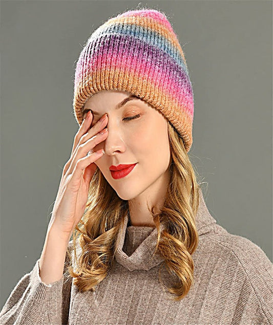 Women Beanie Hat Gradient Rainbow Color Soft Knit Toque Hat For Women