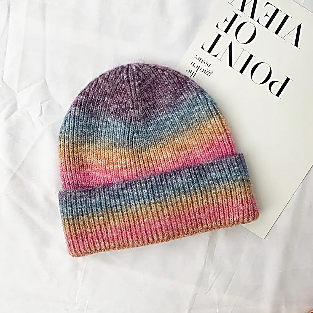 Women Beanie Hat Gradient Rainbow Color Soft Knit Toque Hat For Women