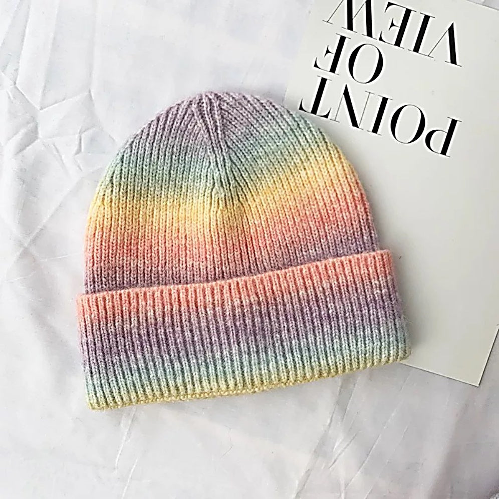 Women Beanie Hat Gradient Rainbow Color Soft Knit Toque Hat For Women