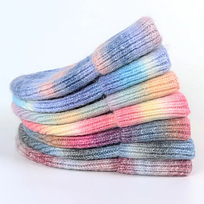 Women Beanie Hat Gradient Rainbow Color Soft Knit Toque Hat For Women