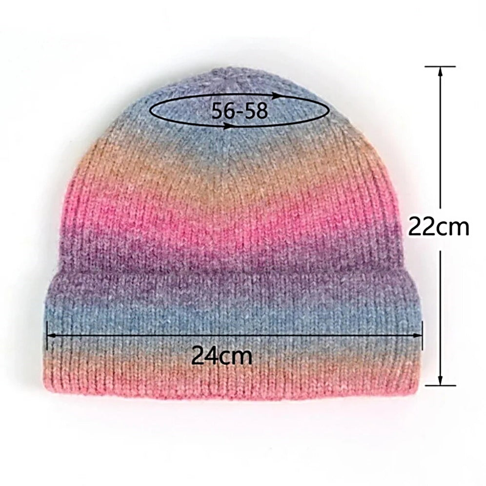 Women Beanie Hat Gradient Rainbow Color Soft Knit Toque Hat For Women