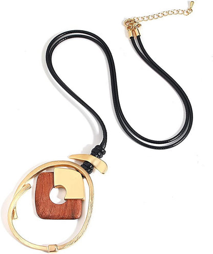 Long Sweater Necklace for Women Pendant Necklace Wood in Fancy Loop