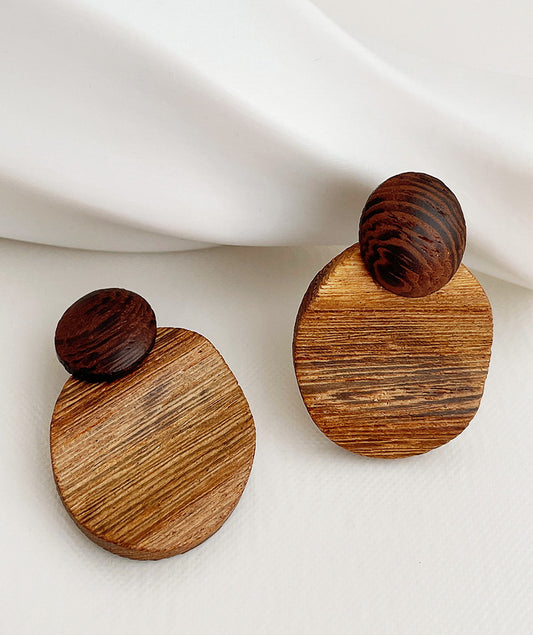 Bohemian Natural Wood Earrings Stud Lightweight Round