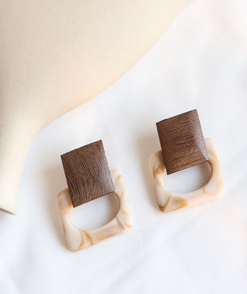 Wood Acrylic Drop Earrings Statement Geometric Square