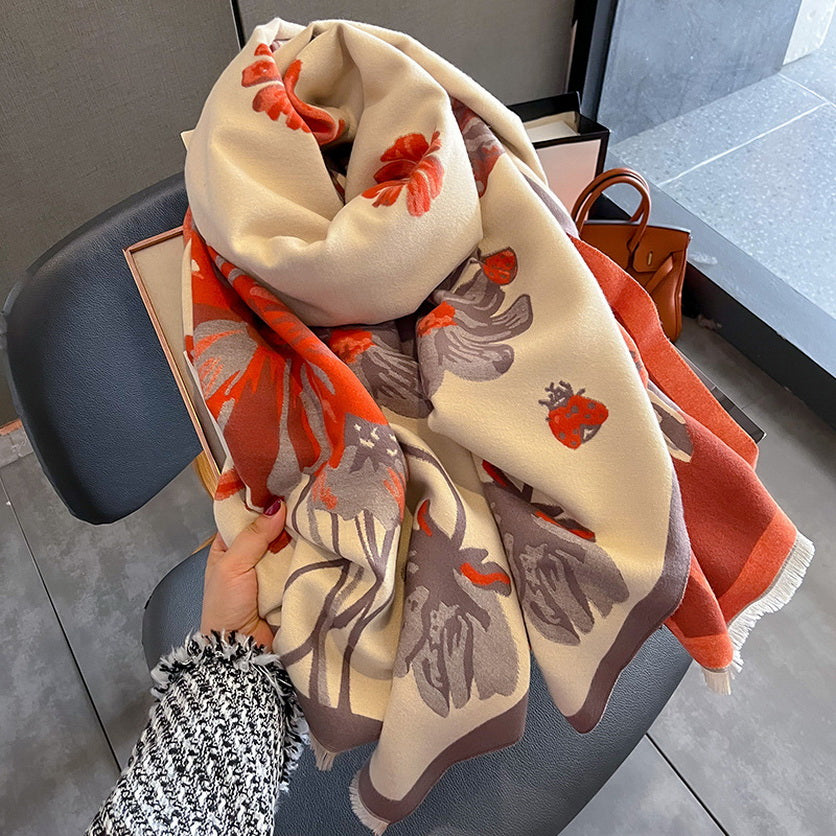 Cashmere Pashmina Scarf – Thick Winter Wrap for Women Floral Long Stem
