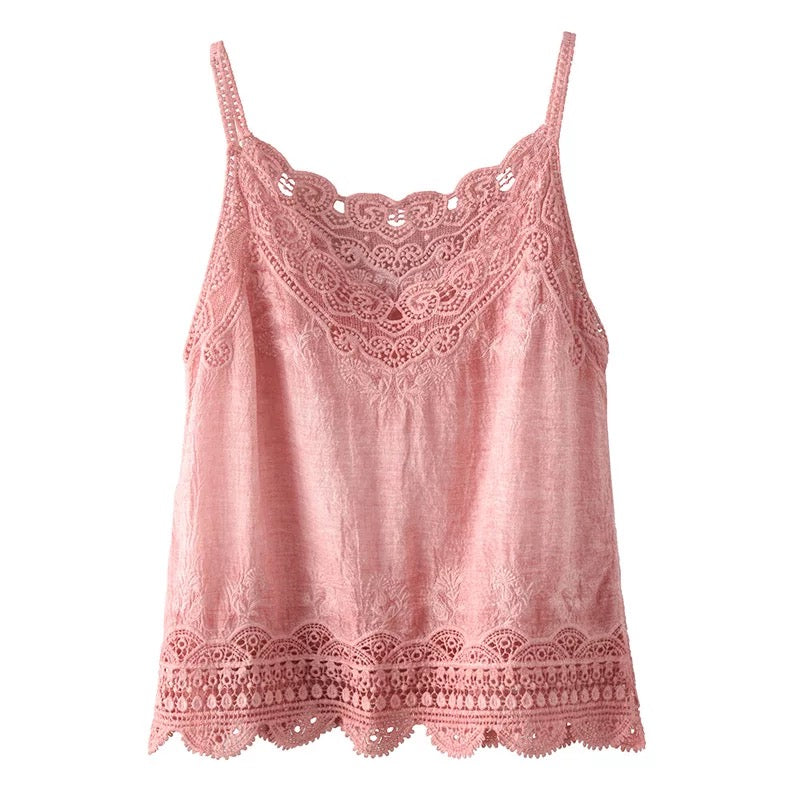 Women Sleeveless Tank Top Crochet Boho Camisole Crop Top Vintage Lace Trim