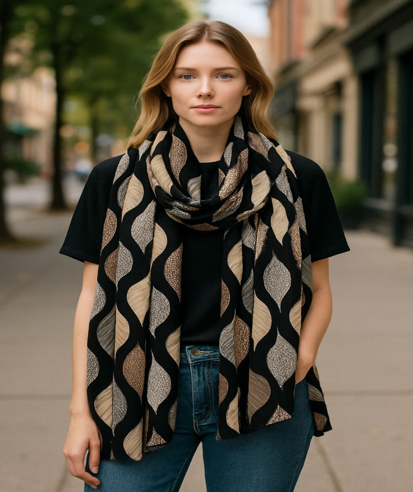 Woman wearing a print leaf scarf 