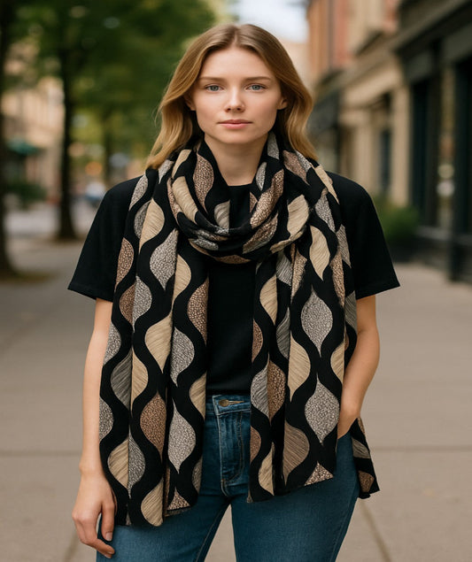 Woman wearing a print leaf scarf 