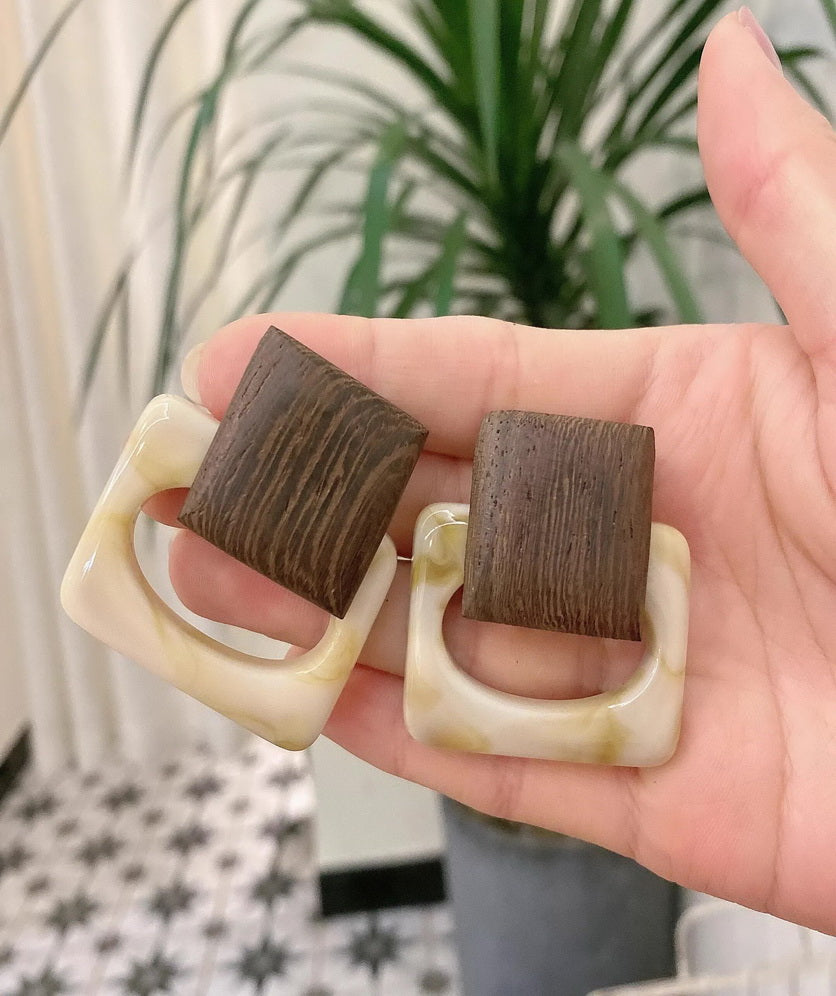 Wood Acrylic Drop Earrings Statement Geometric Square