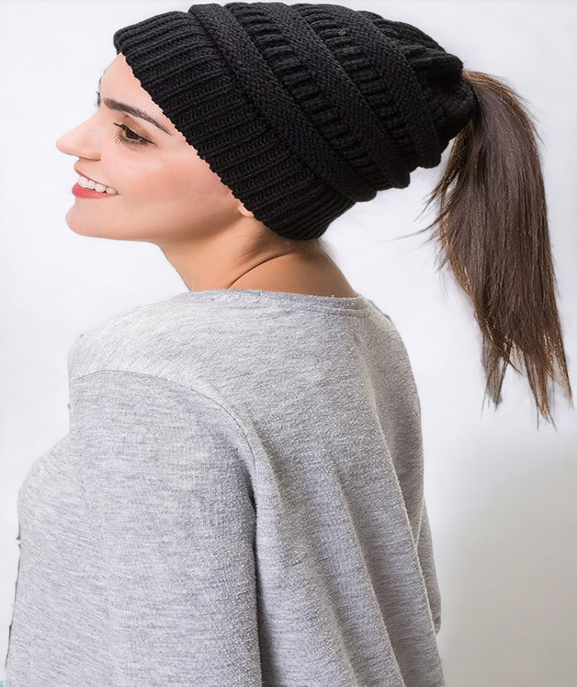 Beanie Hat Unisex Warm Knit Stretch Ponytail Messy Bun Hat