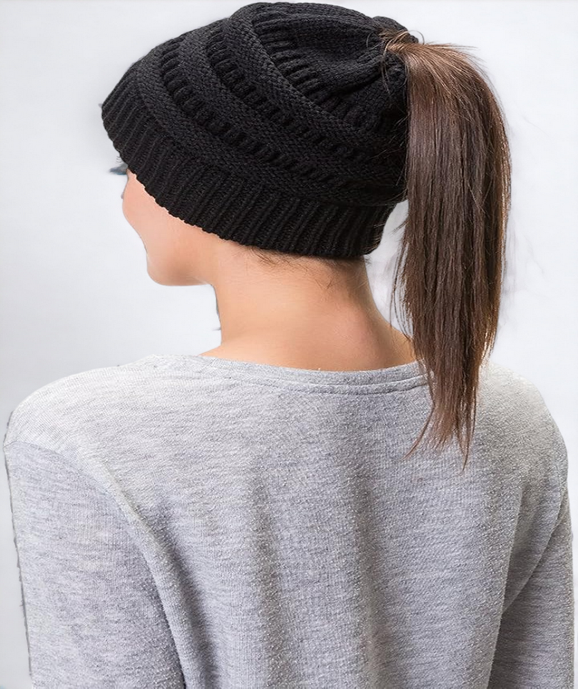 Beanie Hat Unisex Warm Knit Stretch Ponytail Messy Bun Hat