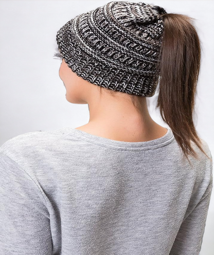 Beanie Hat Unisex Warm Knit Stretch Ponytail Messy Bun Hat