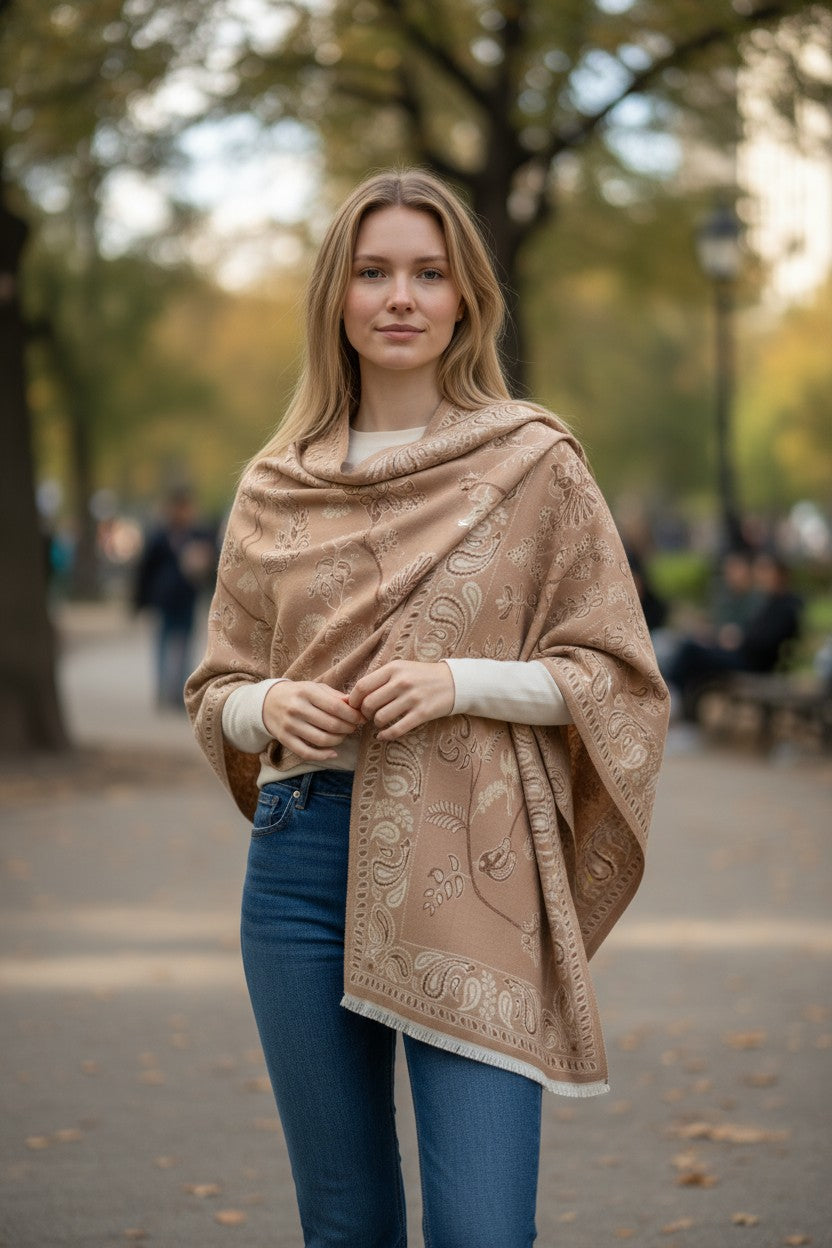 Pashmina Scarf Shawl Wrap Vintage Reversible Bird Paisley Print