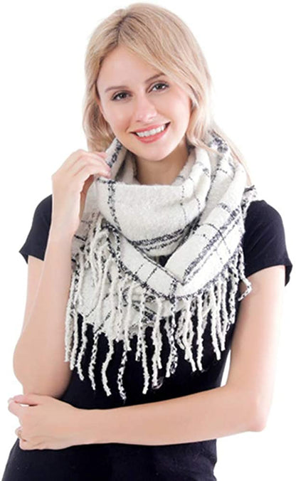 Womens Winter Plaid Infinity Scarf Warm Tassel Circle Loop Scarves for Women