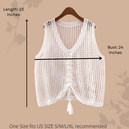 Women Sleeveless Tank Top Crochet Boho Camisole Crop Top Hollow Out Drawstring