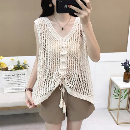 Women Sleeveless Tank Top Crochet Boho Camisole Crop Top Hollow Out Drawstring