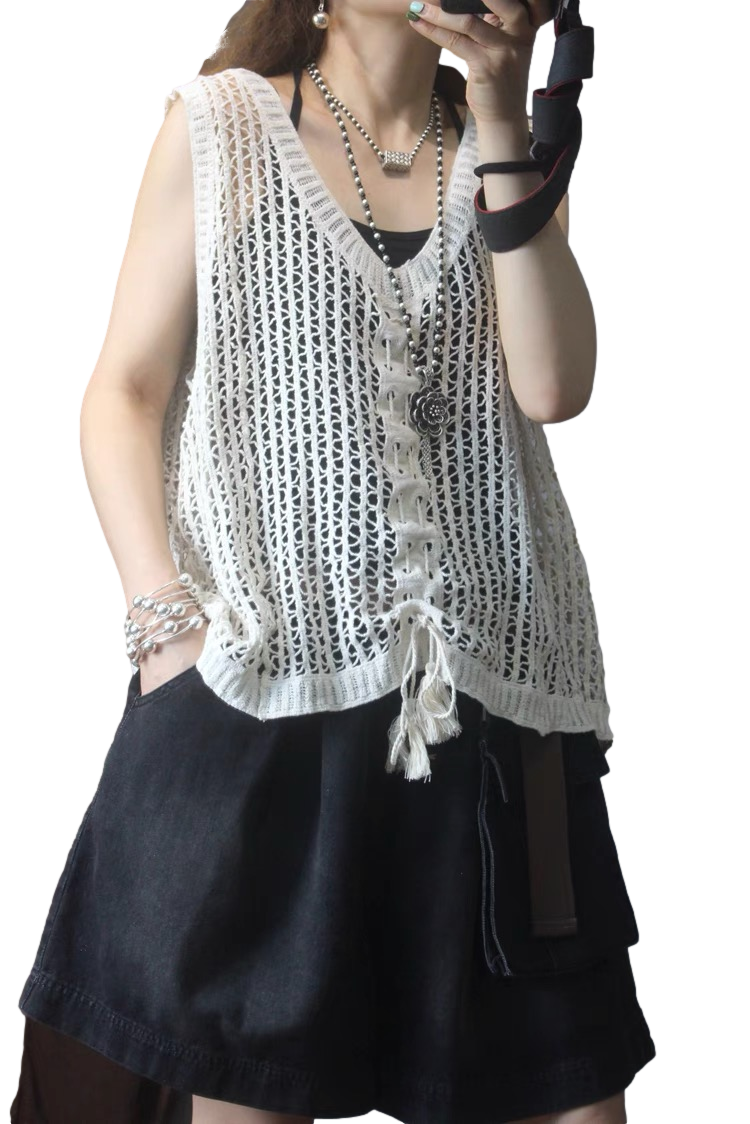 Women Sleeveless Tank Top Crochet Boho Camisole Crop Top Hollow Out Drawstring