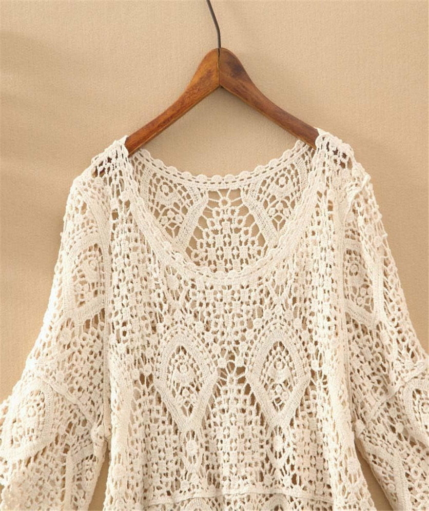 Women's Crochet Tops Laced Pullover Boho Half Sleeve Crop Top Hollow Out