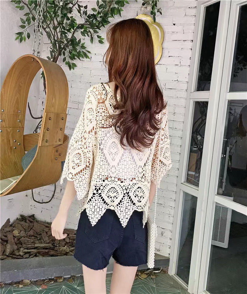 Women's Crochet Tops Laced Pullover Boho Half Sleeve Crop Top Hollow Out