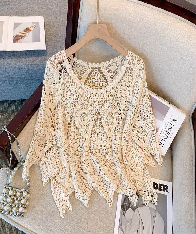 Women's Crochet Tops Laced Pullover Boho Half Sleeve Crop Top Hollow Out