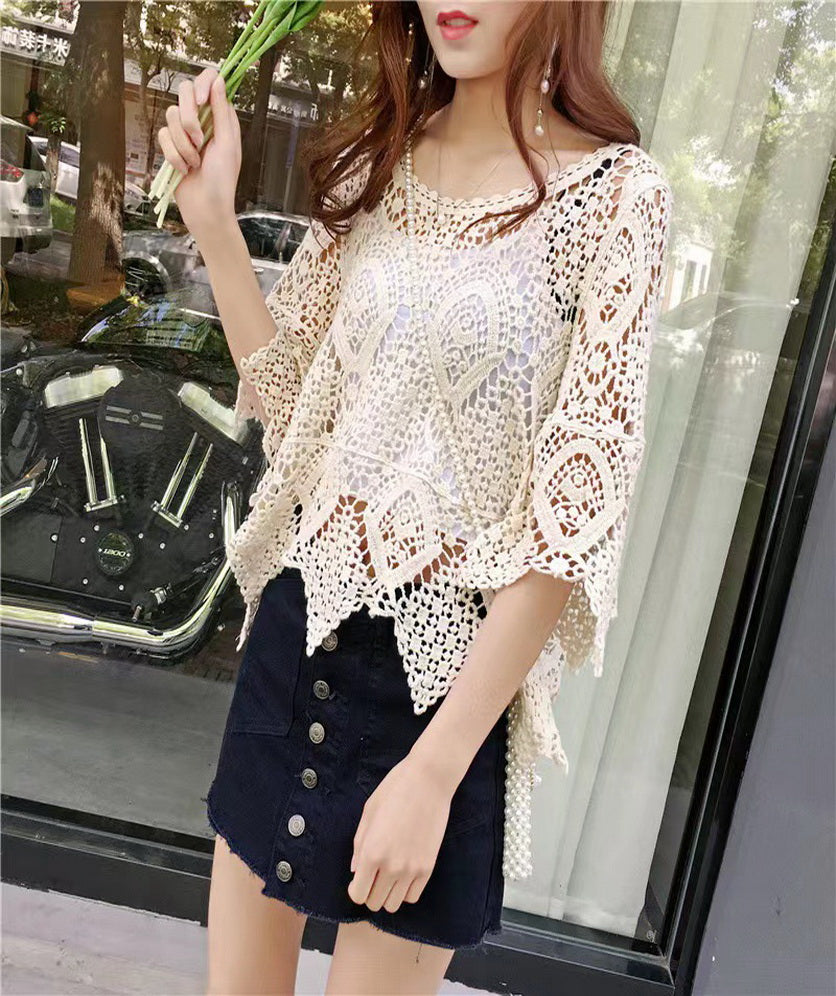 Women's Crochet Tops Laced Pullover Boho Half Sleeve Crop Top Hollow Out