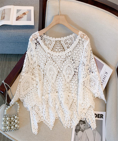 Women's Crochet Tops Laced Pullover Boho Half Sleeve Crop Top Hollow Out