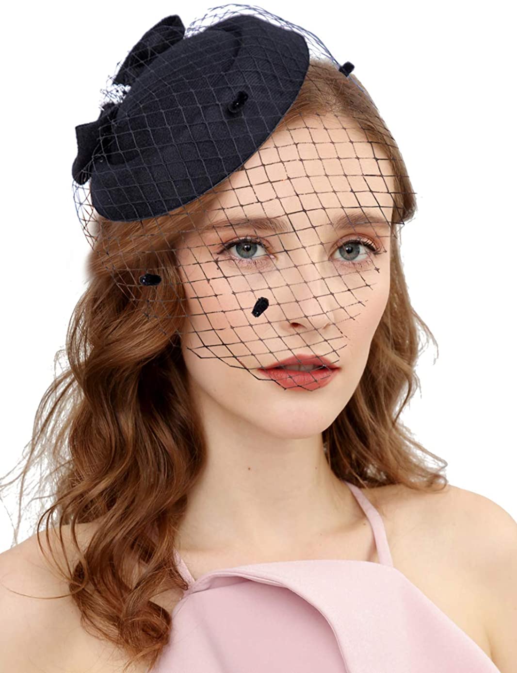 Women's Fascinator Birdcage Hat Vintage Bridal Wedding Costume Headpiece Bow Pearls