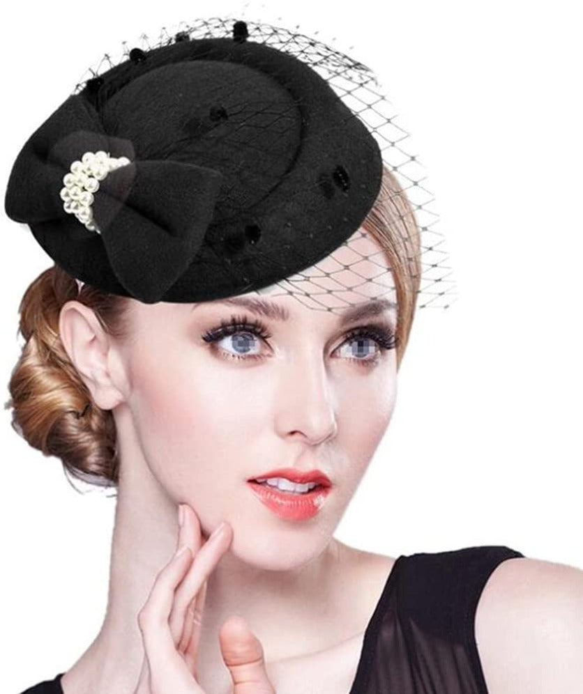 Women's Fascinator Birdcage Hat Vintage Bridal Wedding Costume Headpiece Bow Pearls